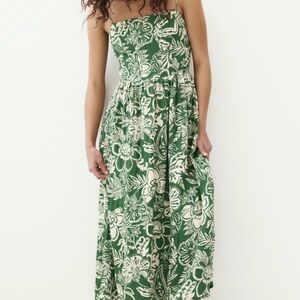 H&M linen-blend floral midi dress square neckline adjustable straps flared skirt